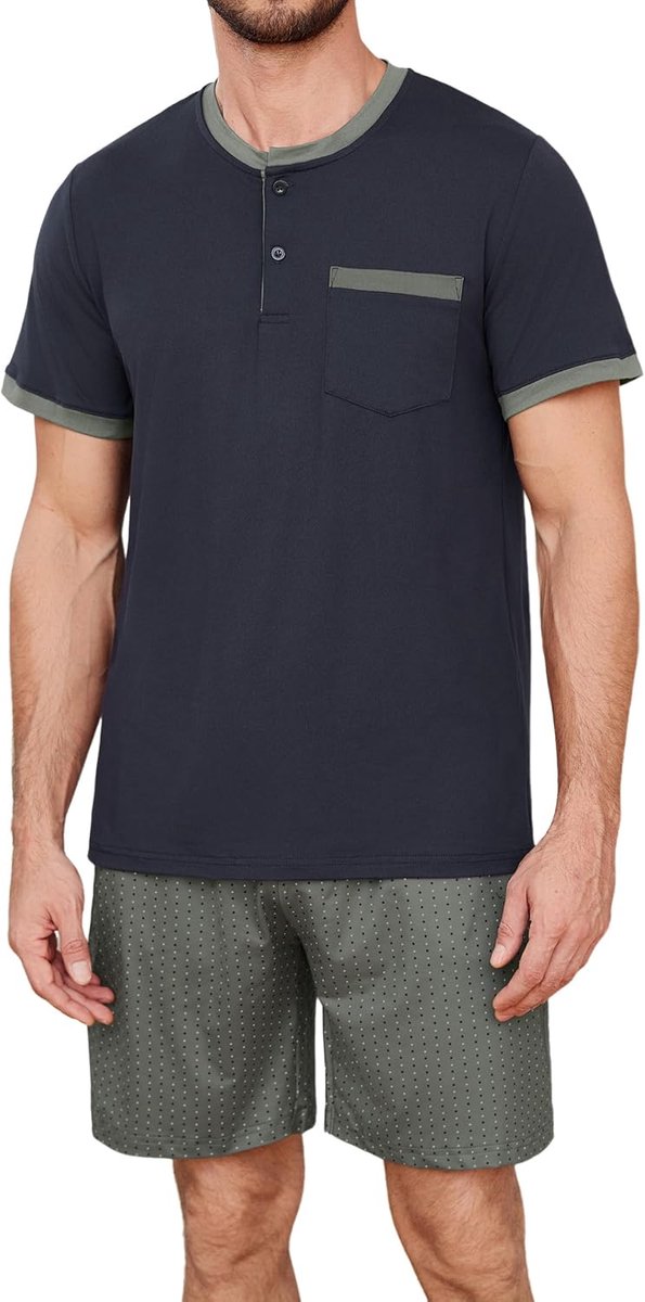 Pyjama voor heren, zomer, katoen, korte mouwen, ronde hals, knopen en shorts met stippen, met zakken en trekkoord