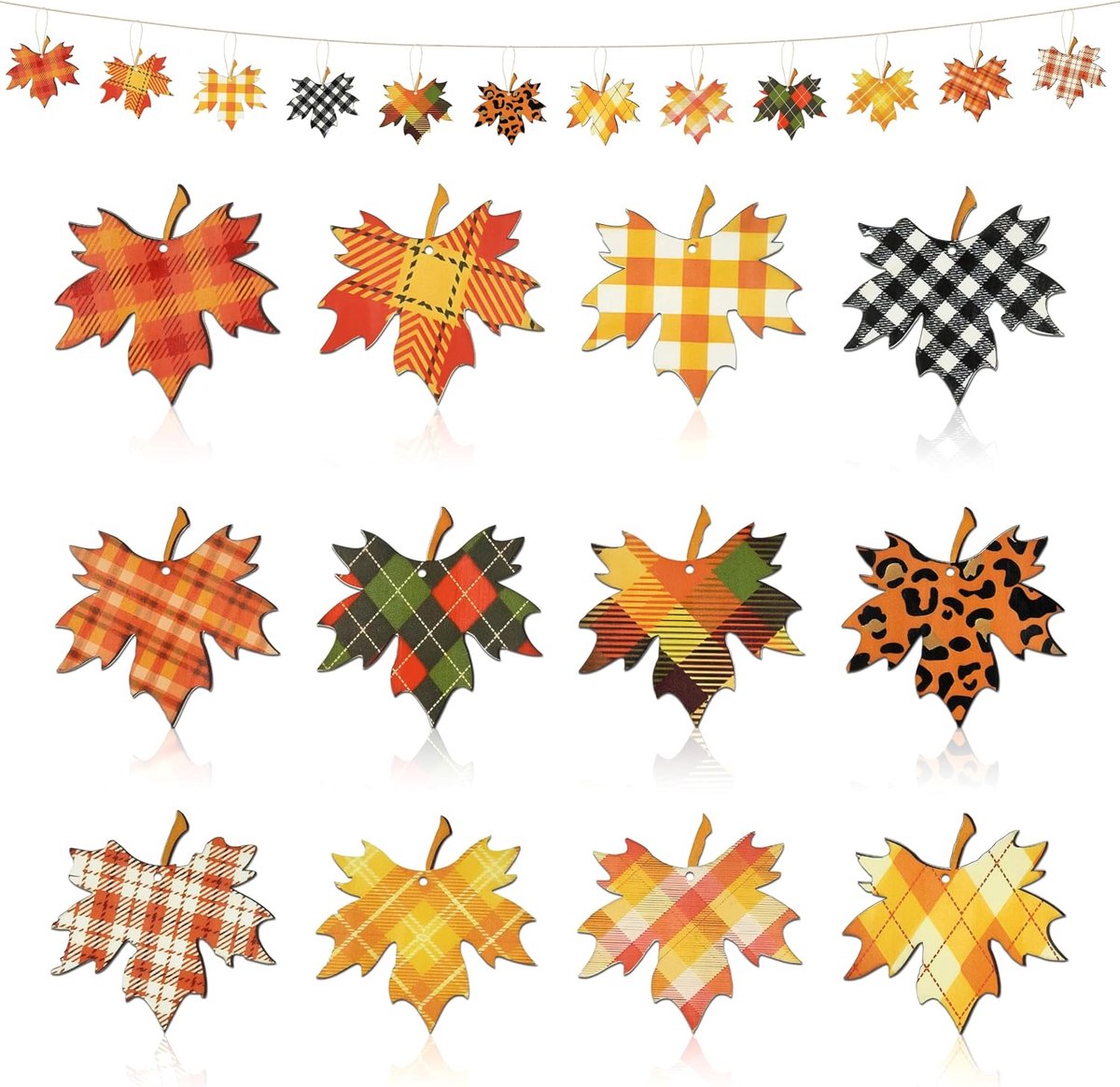 Hangende ornamenten herfst oogst feest esdoornbladeren kleine houten ornamenten oranje geruite boom ingepot plan hangende hangers met touw voor Thanksgiving herfst oogst