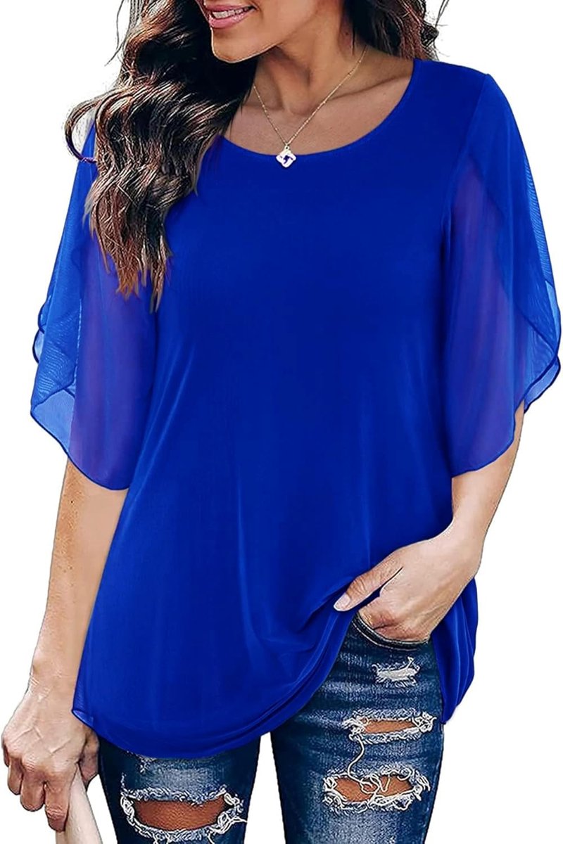 Dames chiffon tuniek casual ronde kraag grote maten halve mouwen blouse top zomer losse pasvorm