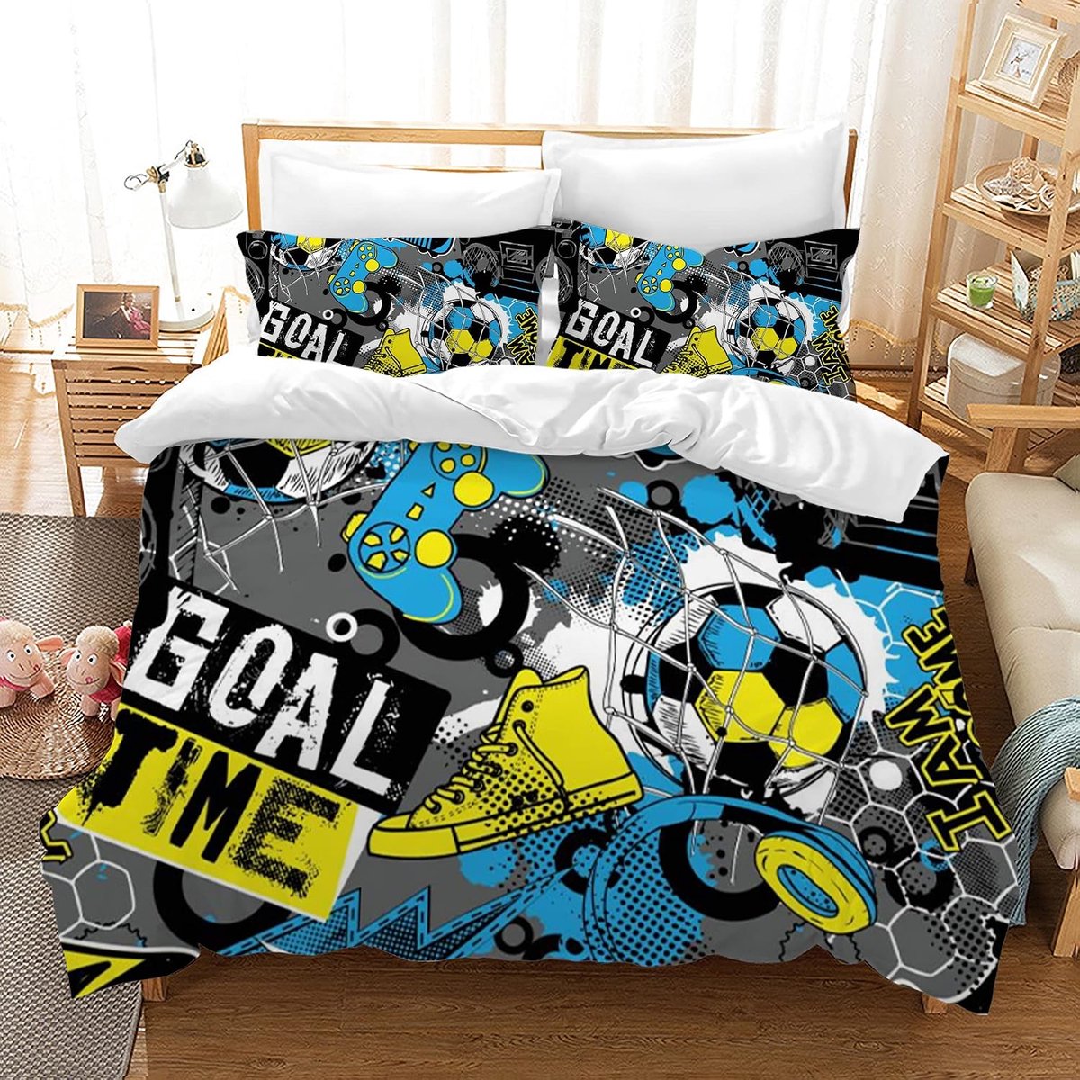 Dekbedovertrek 200 x 200 cm voor Kinderen 2-persoons Beddengoed 3D Voetbal Blauw Microvezel Dekbedovertrek met 2 Kussenslopen 50x75 cm