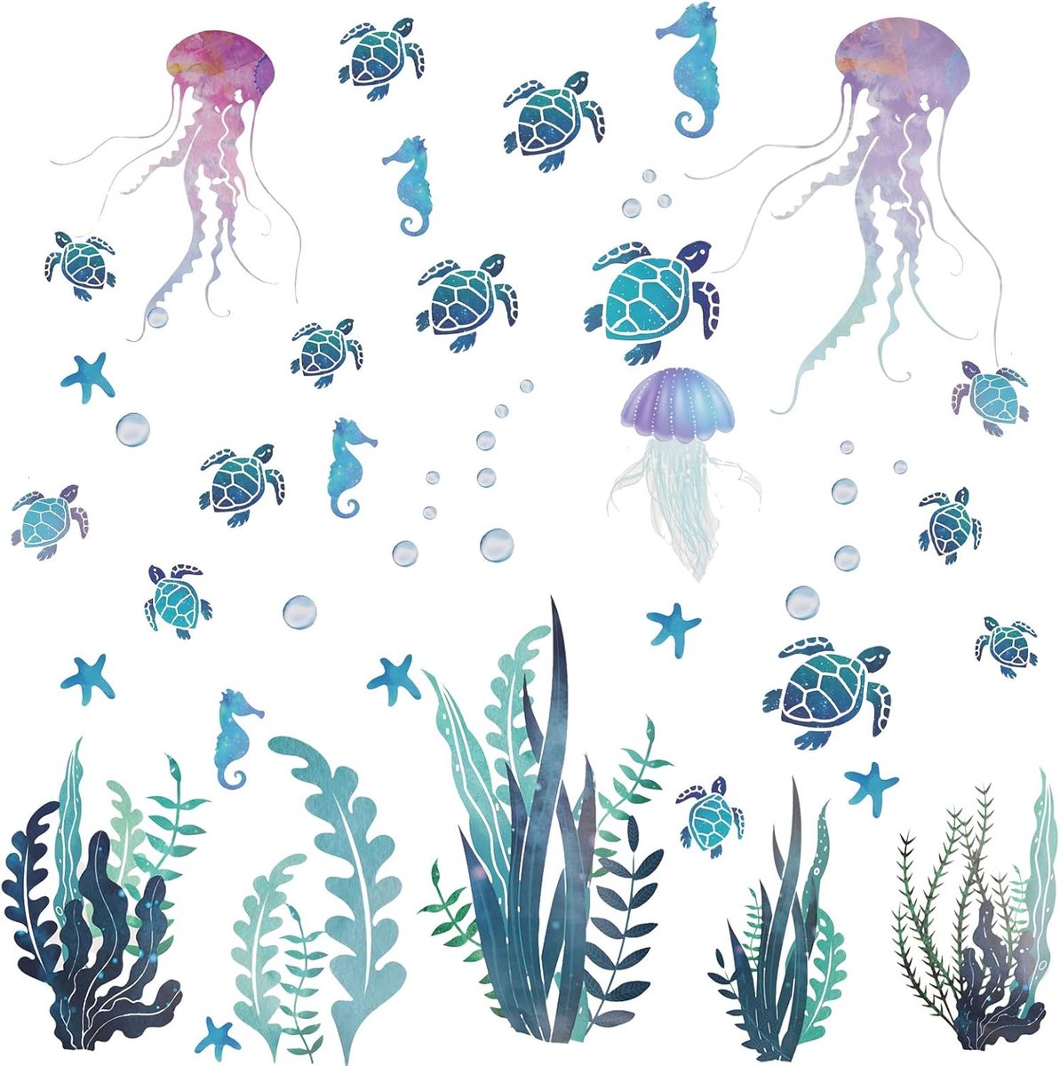 2 stuks Under The Sea Wall Art, slaapkamer en badkamer stickers - zeegras, schildpad, zeepaardje, zeester