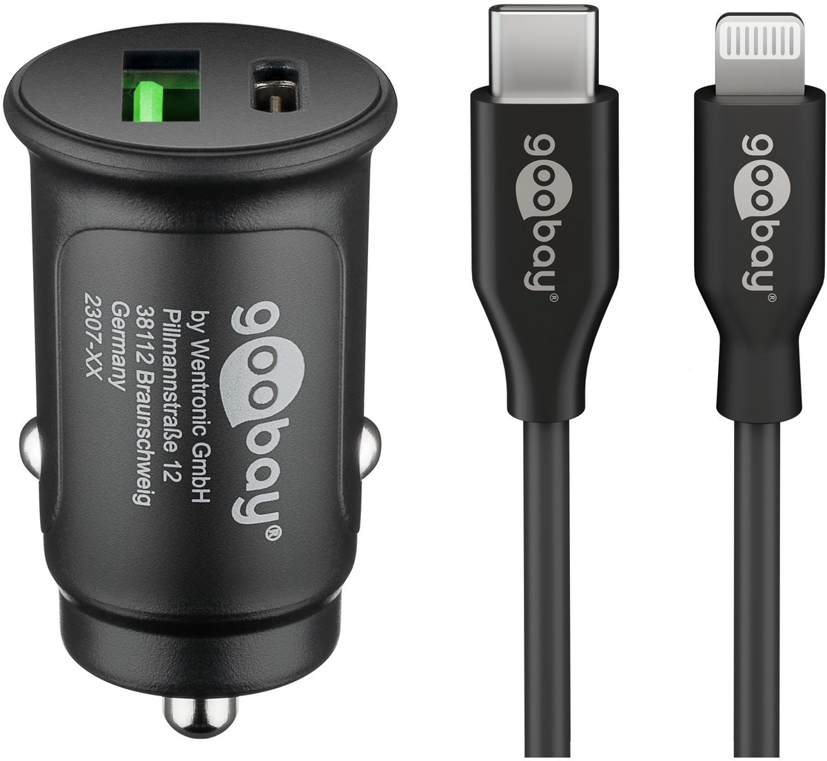 Image of Goobay autoladerset 27 W met USB-C en USB-A plus MFi Lightning-kabel van 1 m, Power Delivery tot 27 W en Quick Charge tot 18 W, voor Apple apparaten