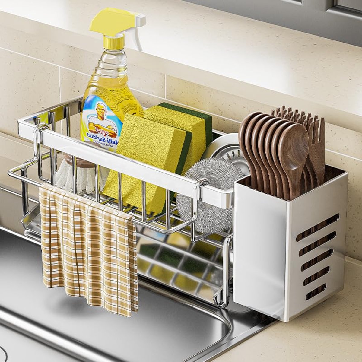 Famanu – Keuken gootsteenorganizer, keukenspoelbak-organizer met afvoerpan, afneembare spoeldoekhouder, metalen gootsteenorganizer met automatische afvoerpan