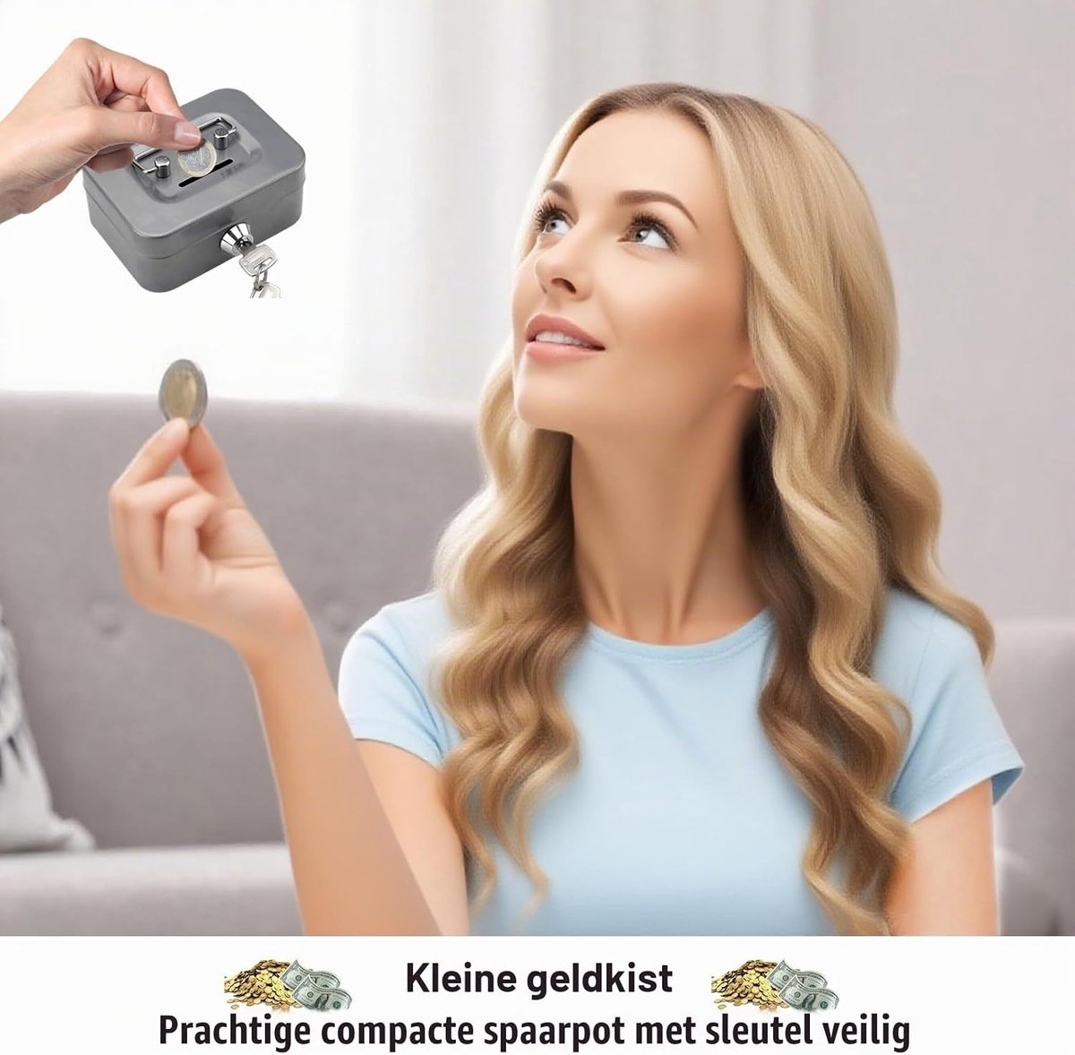 Veiligheidsbox voor Geld, Compacte Geldcassette met Sleutel, 11.5 x 8.5 x 5.8 cm, Metalen Kluis voor Cash, Ideaal voor Thuis of Kantoor, Inclusief 2 Sleutels