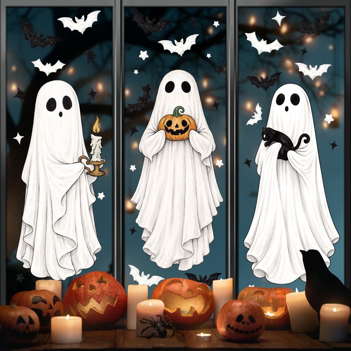 3 vellen Halloween geesten raamfoto's, schattige grote geesten statische stickers, herbruikbaar, 3 verschillende spoken, Halloween-feesten, raamdecoratie, spiegeldecoratie