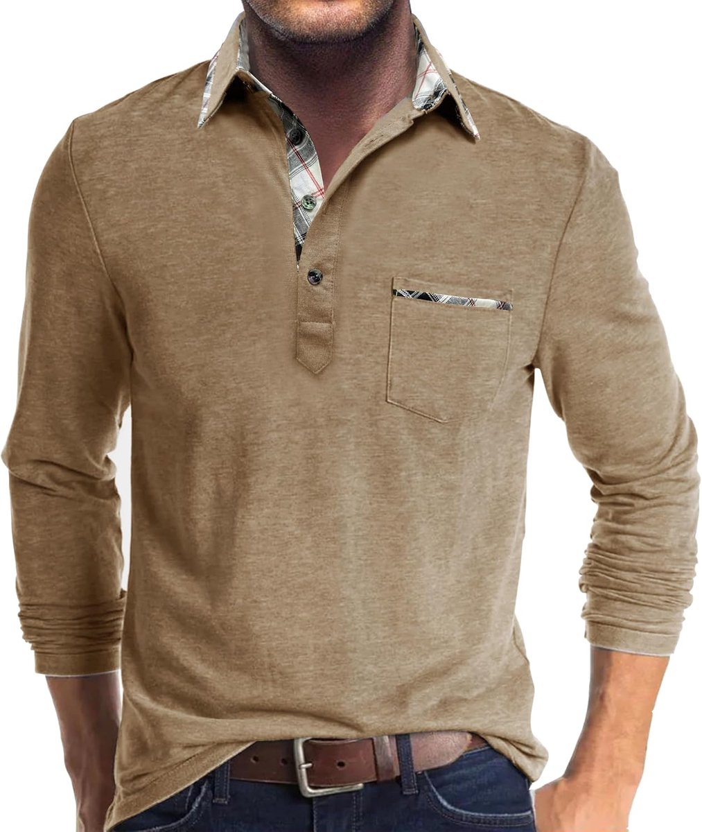 Poloshirt, voor heren, lange mouwen, contrasterende kleur, licht shirt met lange mouwen, met borstzakje, klassiek, herfst winter