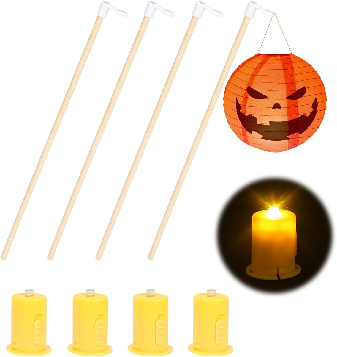 Lantaarnstick met led voor Halloween, 4 kleine led-lampen en 4 houten lantaarnstokken, 30 cm, elektronische lantaarnstick voor Halloween, Sint Maarten, kinderfeestjes (4 stuks)