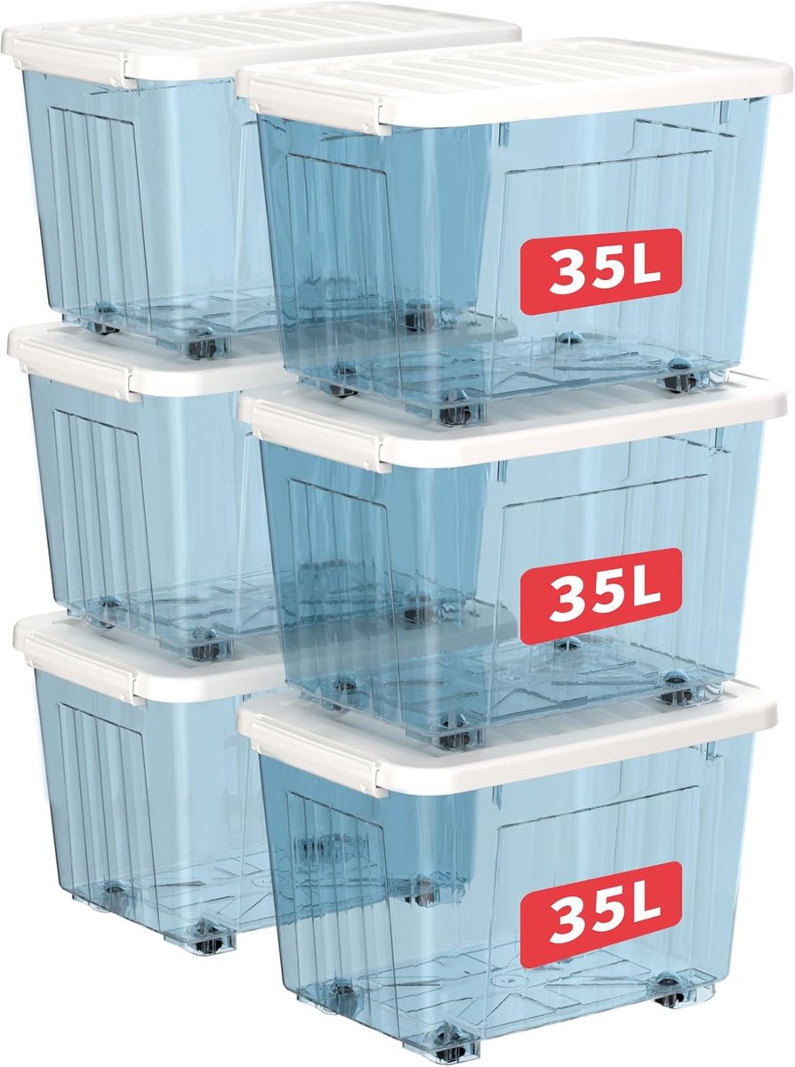 35L x 6 plastic opbergdozen met wielen, opbergdoos met deksel met veilige zijvergrendelingen, PP nestbare en stapelbare doorzichtige organizer voor thuis, kantoor, verhuizen, transparant blauw