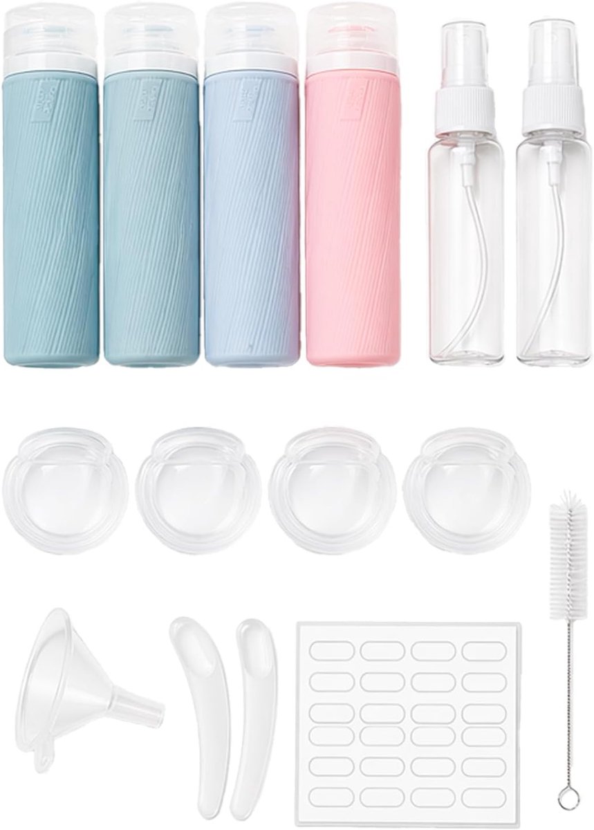 Reisset, 16 stuks van siliconen, herbruikbaar, 90 ml, reisset met etiketten en tas, voor shampoo, lotion, crèmes en badartikelen