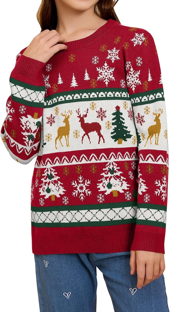 Kersttrui, voor dames, heren en kinderen, grappige kersttrui, lelijke kersttrui, met ronde hals, gebreid, met rendieren, uniseks, familieset