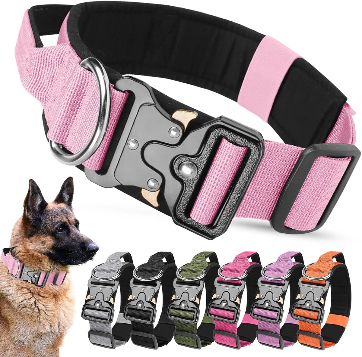 Hondenhalsband, zware stevige brede hondenhalsband met handvat en zachte vulling, verstelbare comfortabele huisdierhalsband voor kleine, middelgrote en grote honden training (roze, XL