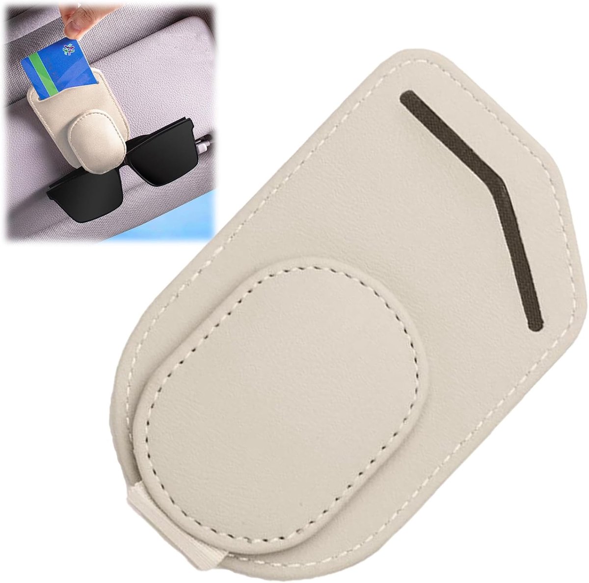 Brillhouder voor de auto, PU-leer, multifunctionele zonnebrilhouder voor autovizier, magnetische houder voor zonnebrillen voor auto, auto-accessoires (beige)
