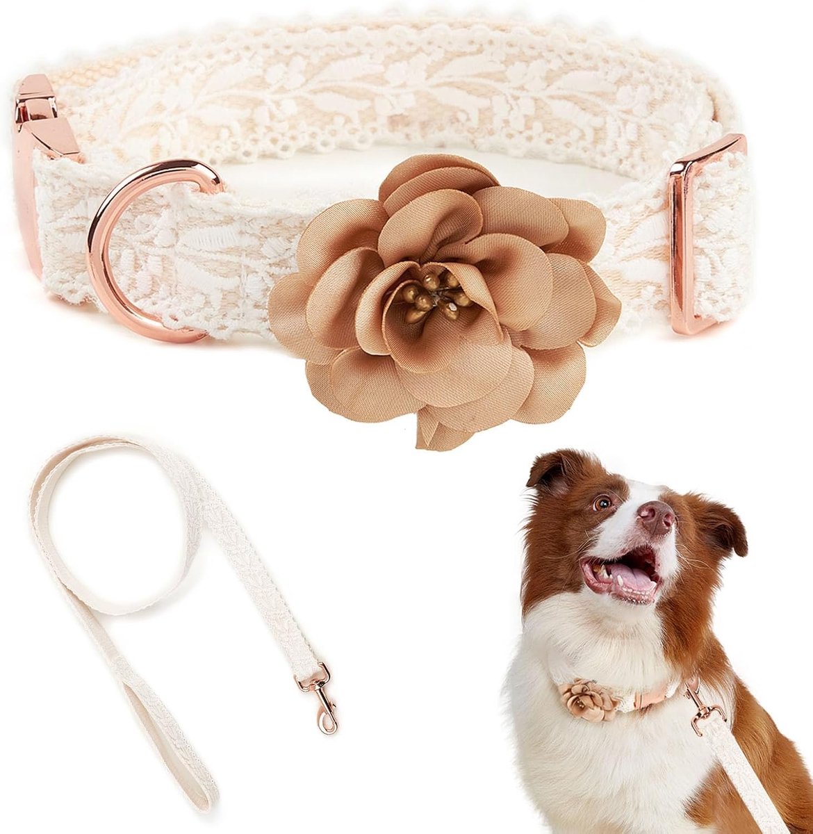 Set van halsband en riem, geborduurd met bloemen, kant, met metalen sluiting, verstelbaar, voor middelgrote honden, maat M