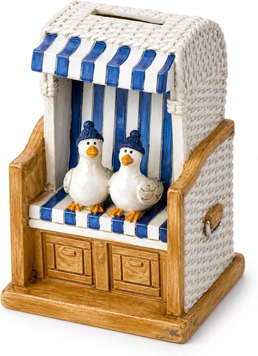 Vakantiekassa, reistas, spaarpot, strandkorf, blauw/wit, met meeuwen en rubberen stop