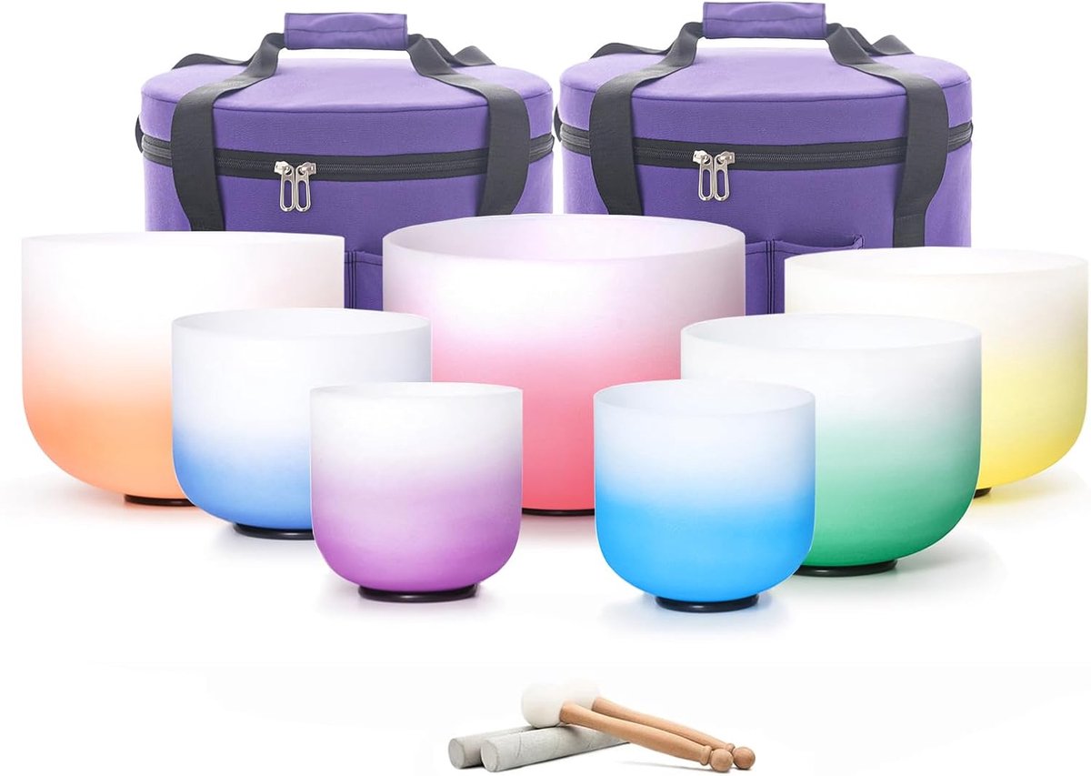 Kristallen klankschaal, 432hz kleurverloop klankschalen set 7 chakra's 7-12 inch Crystal Singing Bowl meditatieset voor yoga energie genezing diepe ontspanning incl. draagtassen