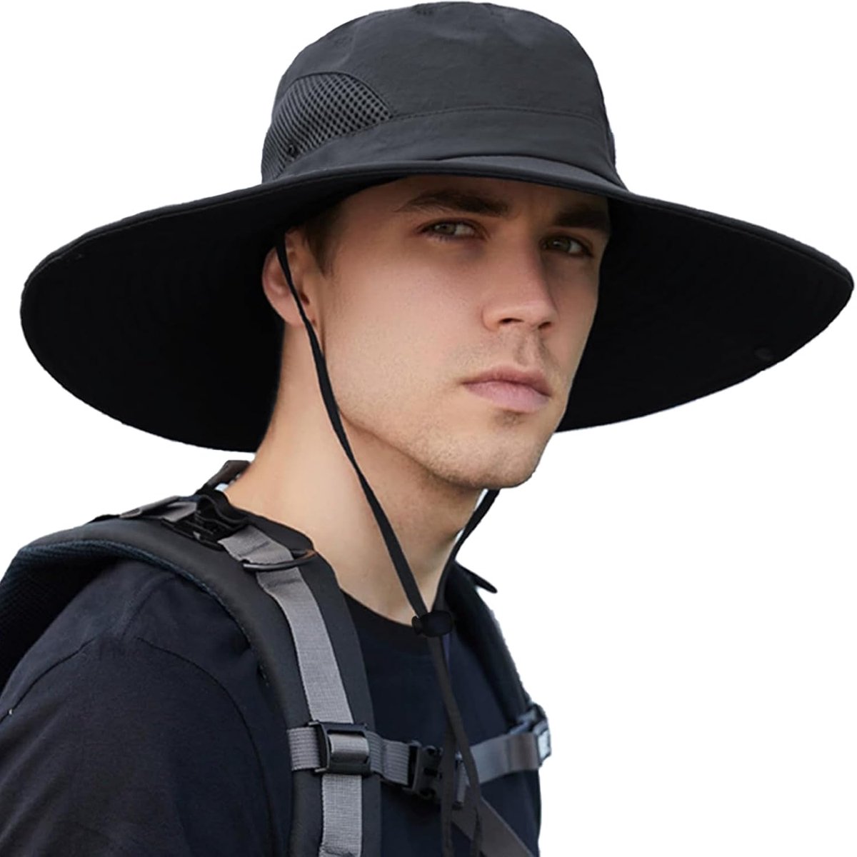 Zonnehoed met uv-bescherming, voor dames en heren, met verstelbaar trekkoord, voor safari, strand, camping, jacht, fietsen, wandelen, donkergrijs, Meerkleurig., Eén maat