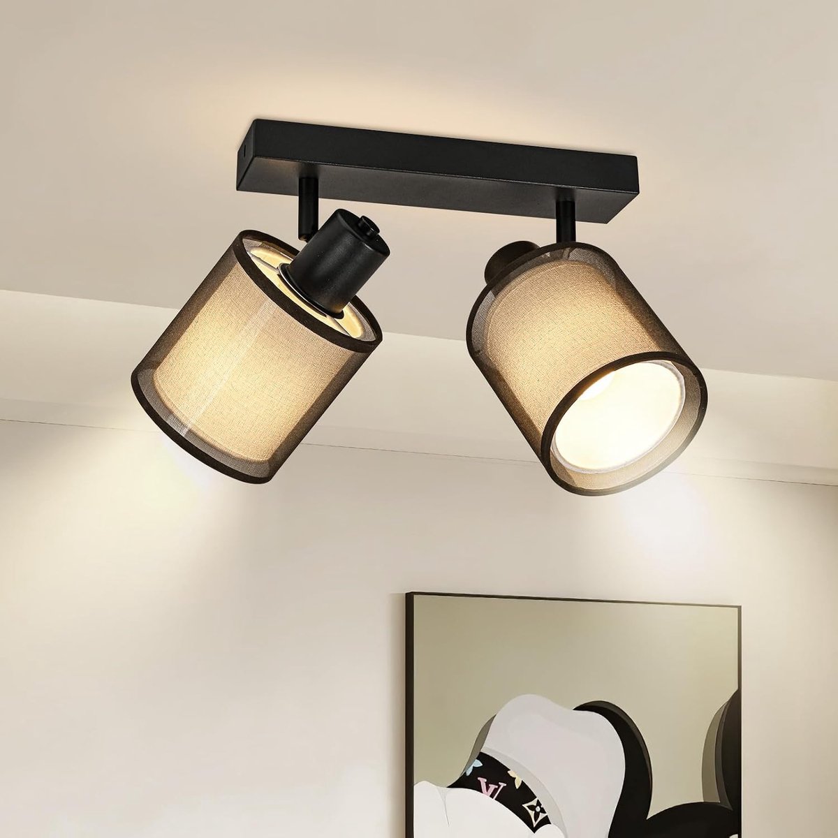 Plafondlamp, plafondspot, 2 spots, draaibaar, zwart, plafondverlichting, binnenverlichting, retro, E14, wandlamp, warmwit, voor woonkamer, slaapkamer, keuken, eetkamer, zonder lampen