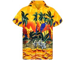 King Kameha Funky Hawaïhemd voor heren, korte mouwen, voorzak, palmen, strand, papegaai-prints, Papegaai geel, M