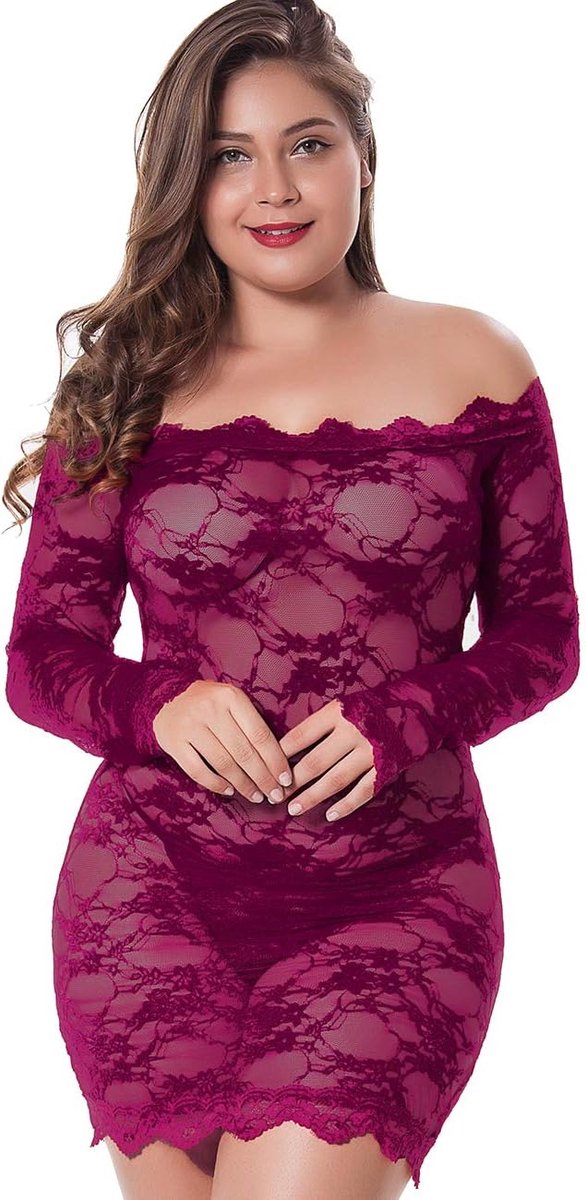 kanten negligé grote maten voor dames babydoll lingerie schouderloze lingerie nachtkleding kanten jurk met G-string S-4XL