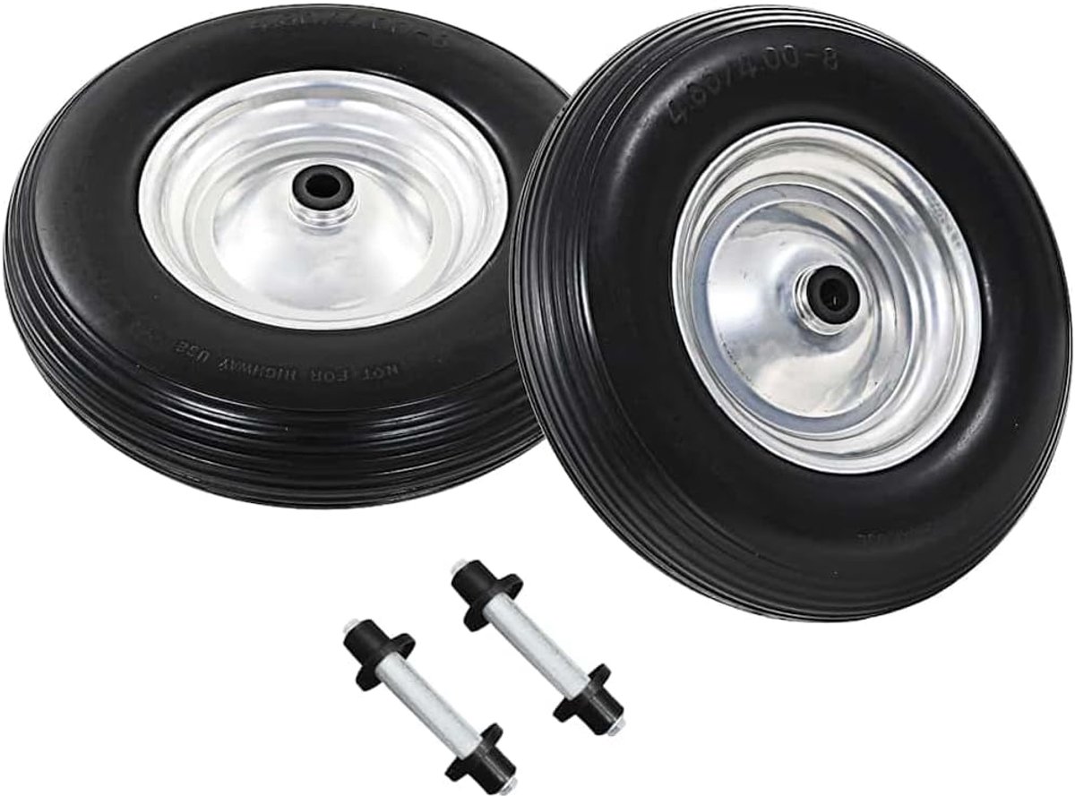2 x kruiwagenwiel 4.00-8 massief rubber PU-banden met as 390 mm lekvrij zwart zilver draagkracht 160 kg reservewiel voor steekwagen transportwagen