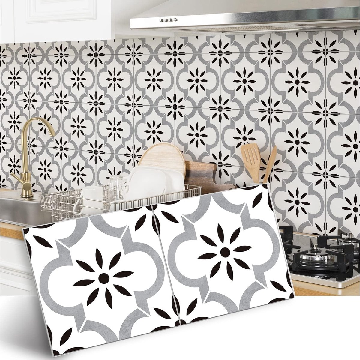 Vinyl vloer of muur tegelsticker, antislip tegel stickers met plakkende achterkant voor keuken, badkamer. Zelfklevende pel-en-plak PVC vloer sticker doe-het-zelf, grijs/wit, 30 x 15 cm x 4