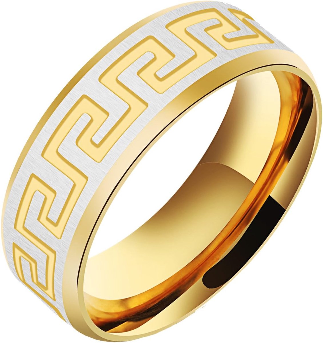 Vintage Ring voor heren, roestvrij staal, zwart en goud, met grijs patroon