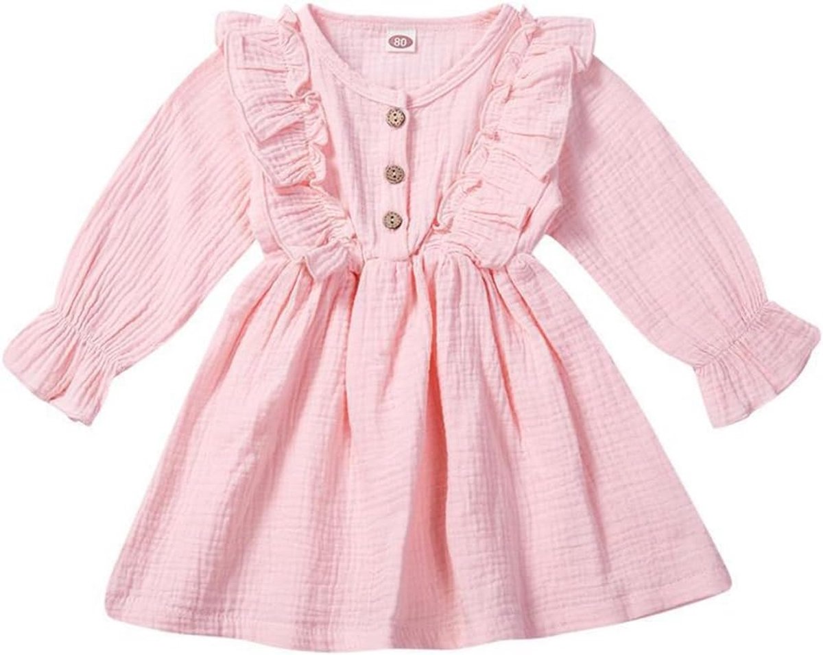 Zomerjurk voor kleine meisjes met ruches, ronde hals, knoopsluiting, casual, herfst, A-lijn, party, kinderjurk, 2-6 jaar