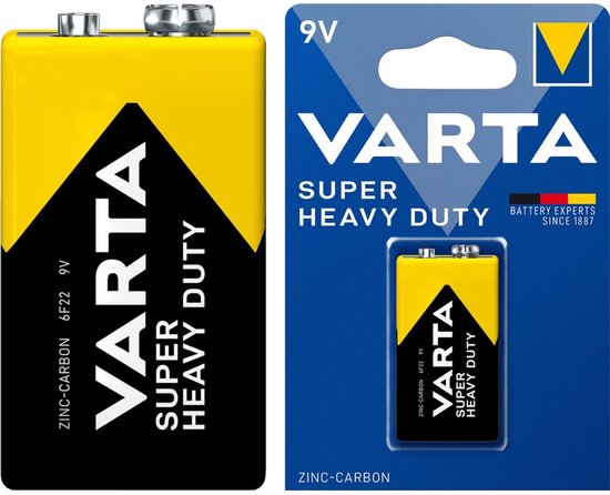 Varta 9V Super Heavy Duty zink-carbon batterij met zwart-gele opdruk. Ook verpakt in blauwe blister.
