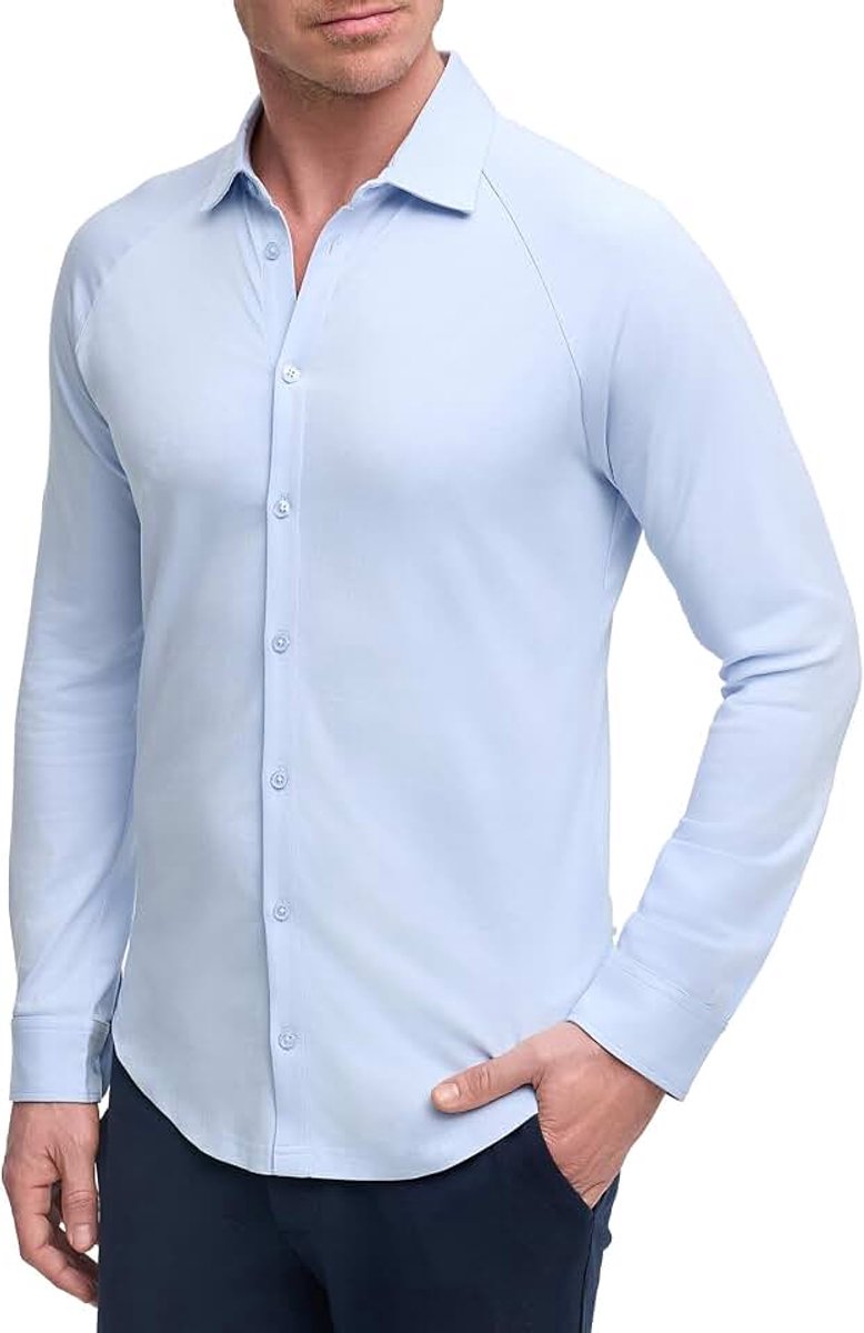 Fit jersey-hemd voor heren, stretch en strijkvrij, lange mouwen, vrijetijds- en businesshemd van Supima-katoen, lichtblauw, XXL