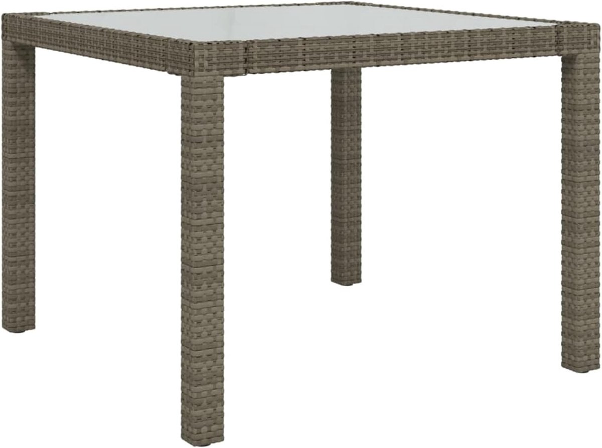 Tafel, eetkamer, tuin, buiten, van polyrotan grijs, en glas, 90 x 90 x 75 cm, tuintafel van rotan en glas, buitentafel van rotan en glas, tuintafel van glas