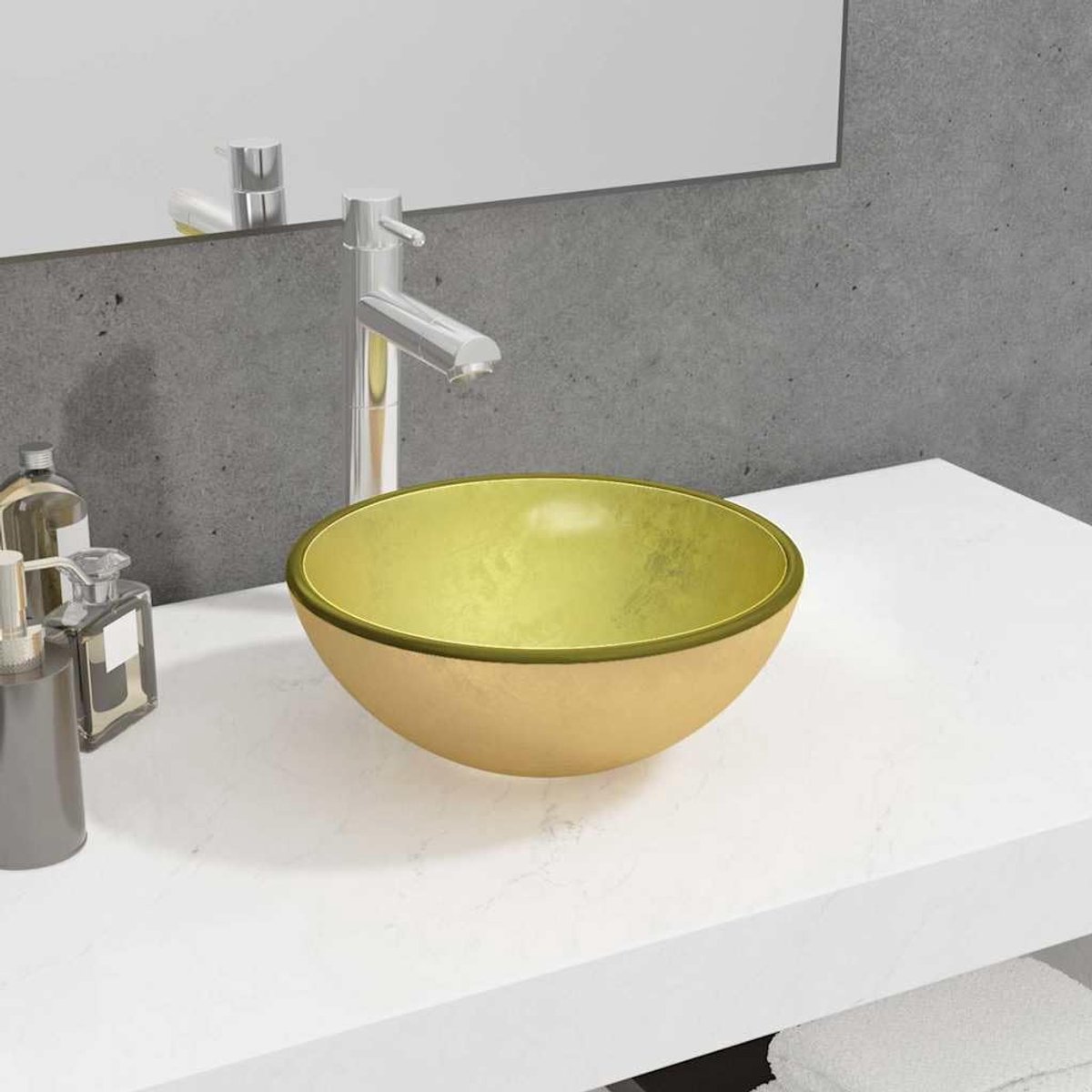 Wastafel van gehard glas, goud, 30 x 12 cm, opzetwastafel voor badkamer, gastentoilet