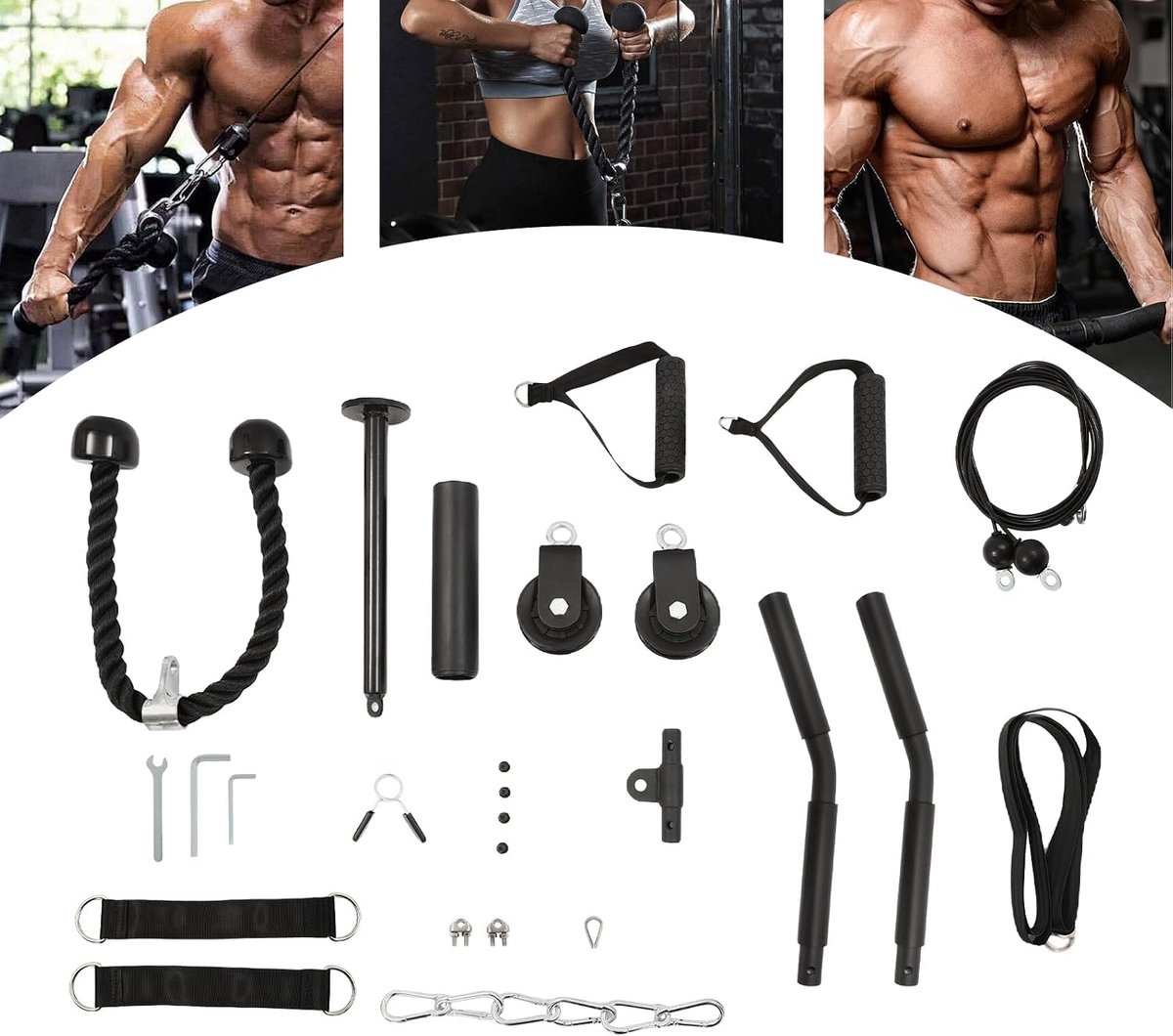 Kabeltrekkoord, fitness, gym, gewichtentraining, voor bicepscurls, triceps, pull-down rug, trainingsapparaat, modern, handmatig, voor thuis, sporttoestellen, zwart, draagvermogen 120