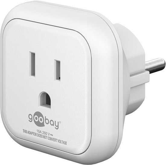 Witte Goobay reisadapter met type A USA stopcontact en type E/F stekker.