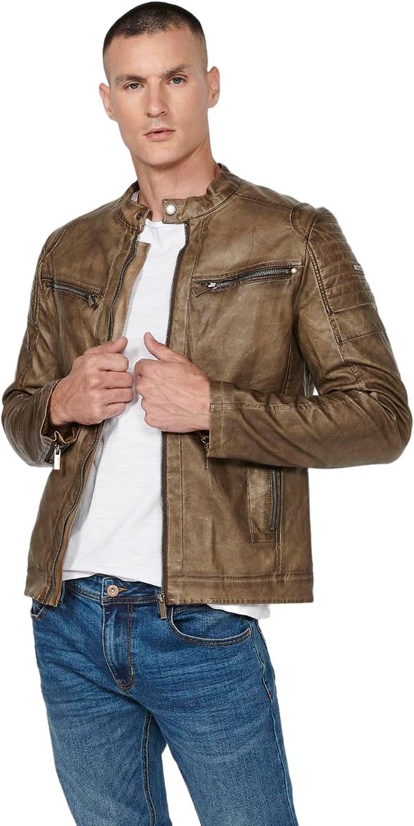 Jas in lederlook met ronde hals en ritssluiting aan de voorkant en zakken in bruin voor heren, bruin