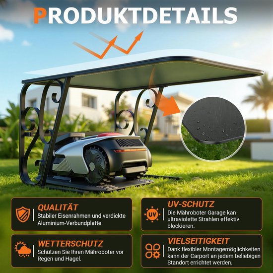 Garage voor robotmaaier met metalen poten, beschermende overkapping, carport, overkapping voor grasmaaier, grasmaaier, uv-bescherming, ideaal tegen regen en hagel, 43 x 56 x 82 cm, zwart — afbeelding 2