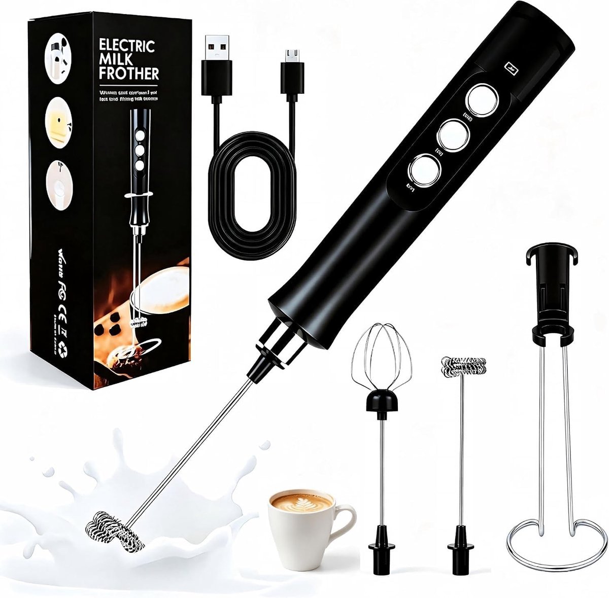 Melkopschuimer USB-C oplaadbaar van roestvrij staal met 3 snelheden en Standaard, draagbare hand-melkopschuimer voor koffie, latte, cappuccino, matcha, room, eieren (Zwart)