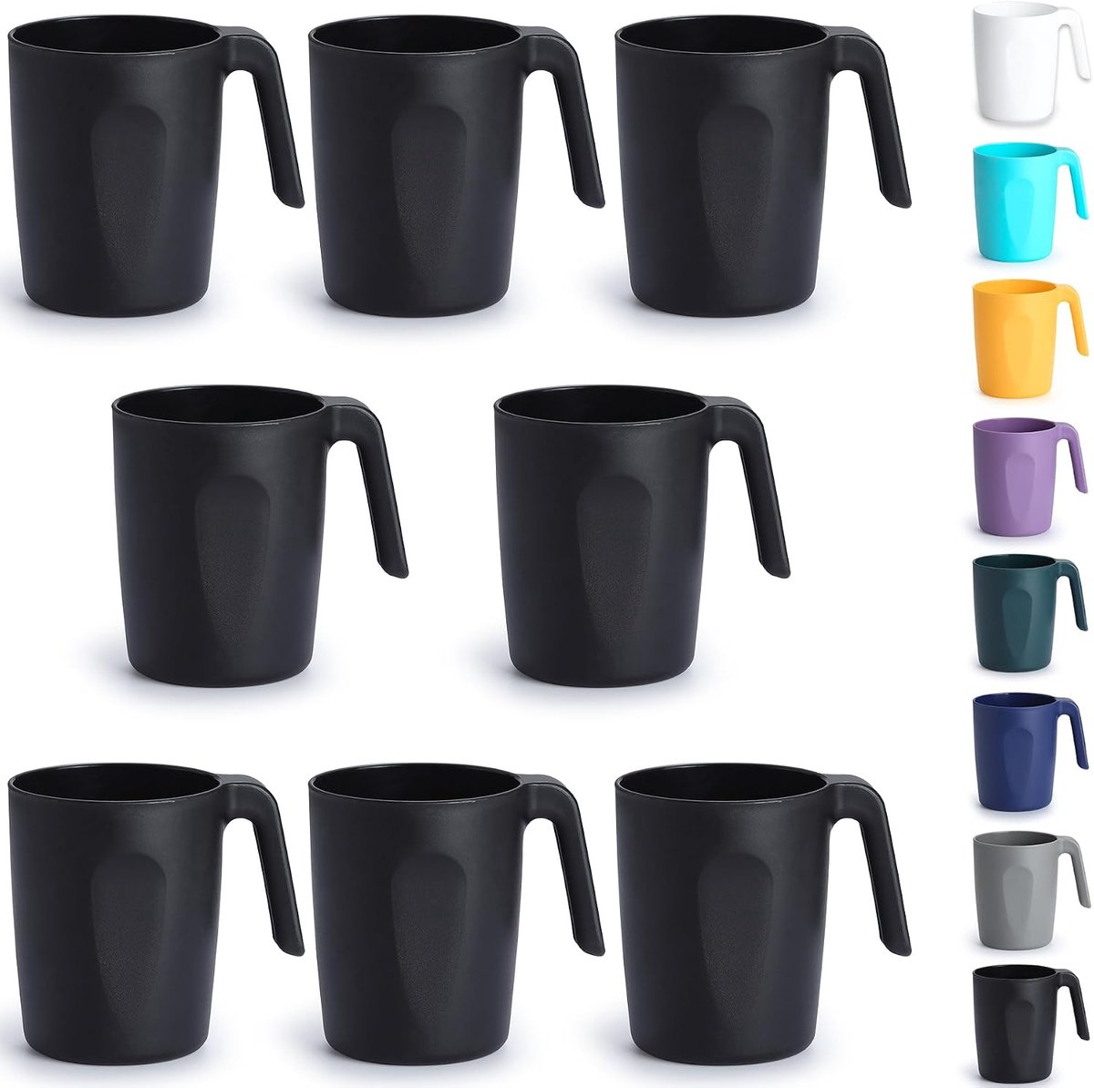 Zwarte Kunststof koffiemokken set van 8 x 450ml, plastic bekers met handgrepen, herbruikbare waterbeker, gemakkelijk mee te nemen, geweldig voor thuis, tuin, picknick, camping