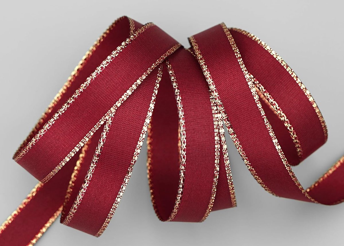 50 m x 15 mm taftlint met gouden rand, bordeaux goud, zonder draad, taft, decoratielint, kerstcadeaulint, decoratielint, winter, lurex glans, stoffen lint, metallic