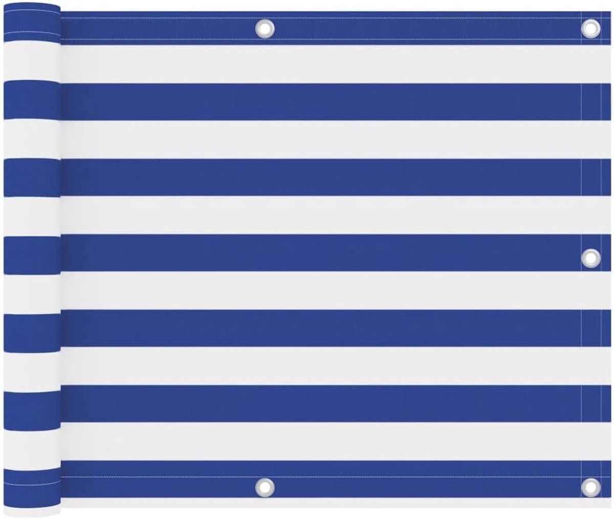 Mat van Oxford-weefsel in wit en blauw, 75 x 600 cm, met aluminium ogen en touw voor bevestiging, terrassen zichtwerende mat voor meer privacy,