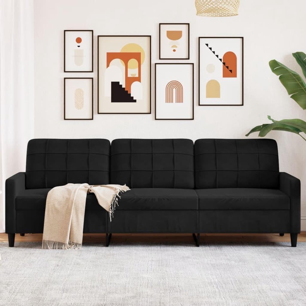 3-zitsbank, fluweel, zwart, 210 cm breed, met metalen frame, zacht velours bank voor woonkamer, comfortabel gestoffeerd meubel met dik kussen voor ontspanning