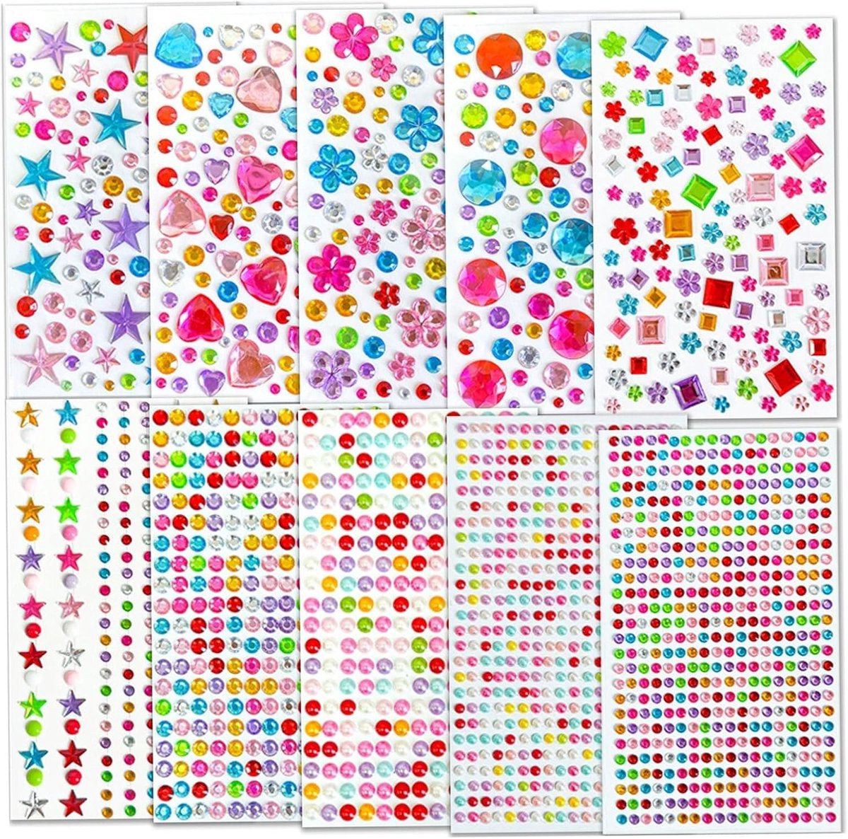 2150 stuks zelfklevende glitterstenen, kleurrijke strass-steentjes voor gezicht, knutselen en doe-het-zelf, glitterstenen in verschillende vormen en maten, glitterstickers voor kinderhandwerk