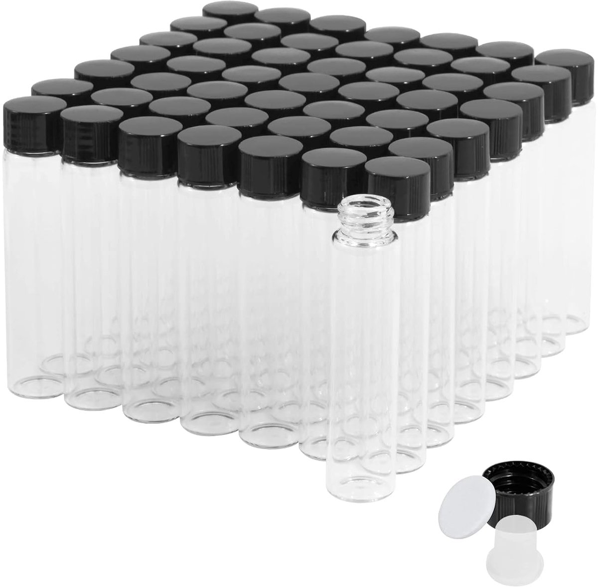 Glazen flesjes van 7 ml met schroefdoppen en kunststof stop, 2 dram, kleine vloeistofmonsters, lekvrije flesjes van 50 stuks