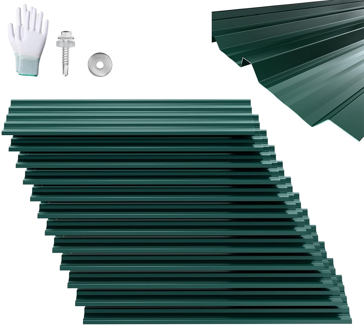 12 x dakplaat, trapeziumplaat 129,5 x 45 cm, 7 m², verzinkte golfplaat, stalen profielplaat voor carport, gereedschapshuis, incl. schroeven en handschoenen, groen