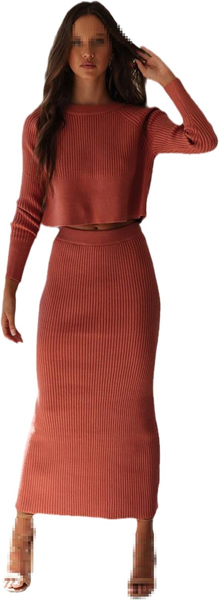 2 Stuks Set Vrouwen Truien Trui Crop Tops Gebreide Rokken Bodycon Office Lady Rokken Suits Winter Kleding Koraal Rood, Koraal Rood, S