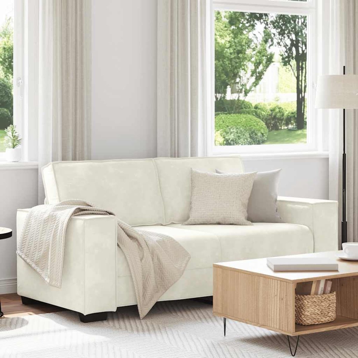 140 cm fluwelen 2-zits bank crème met brede armleuningen, zacht en comfortabel voor woonkamer en kantoor, robuust houten metalen frame, gevoerde zitting voor ontspanning