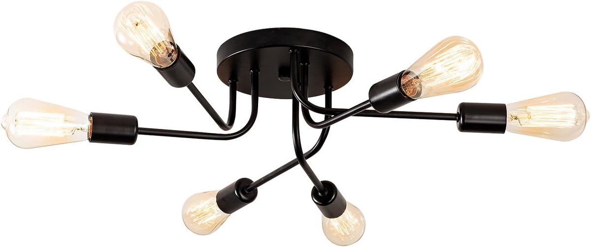 semi-flush mount plafond 6 lampen met verstelbare metalen vertakte vintage plafondlamp E27 houder zwart gelakt voor keuken eetkamer slaapkamer (black) (gloeilamp niet inbegrepen)
