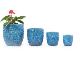 Kleine enkele keramische plantenpot Ø22,5 cm - Glanzend blauw - Rondom hamerslag reliëf - Ademend met afvoergat - Voor grote vetplanten - Voor kamerplanten op de vensterbank