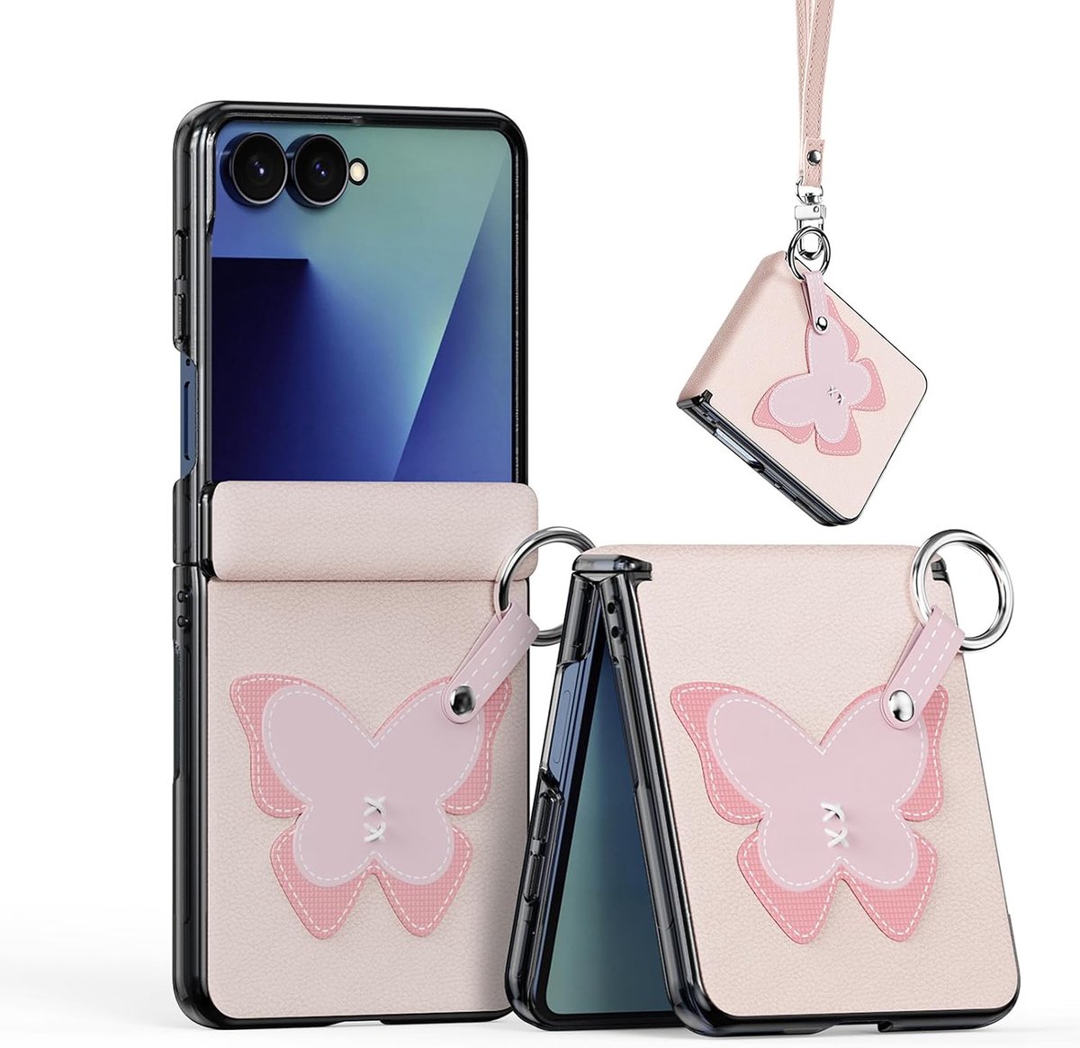 Beschermhoes voor Samsung Galaxy Z Flip 8 5G 2026, vlinders, PU-leren hoes met ring en armband, klaphoes, magneetsluiting, ultradun, stijlvol, schokbestendig, roze
