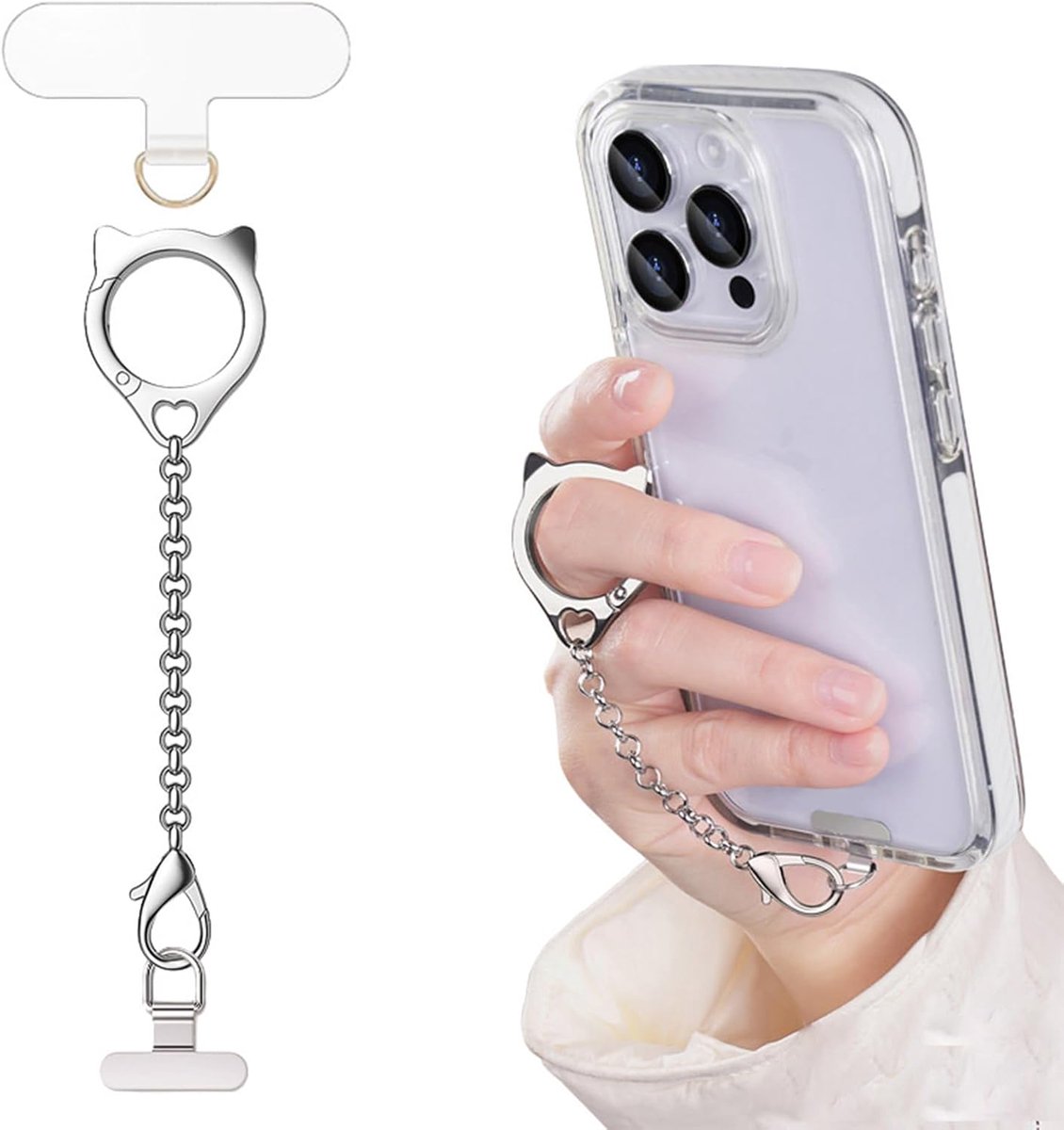 Telefoon handvat ringhouder ketting sleutelkoord universele metalen kat hoofd smartphone vingerhouder anti-verlies strap voor iPhone 16 15 14 13 Samsung S25 sleutels, oortelefoon met patch pad