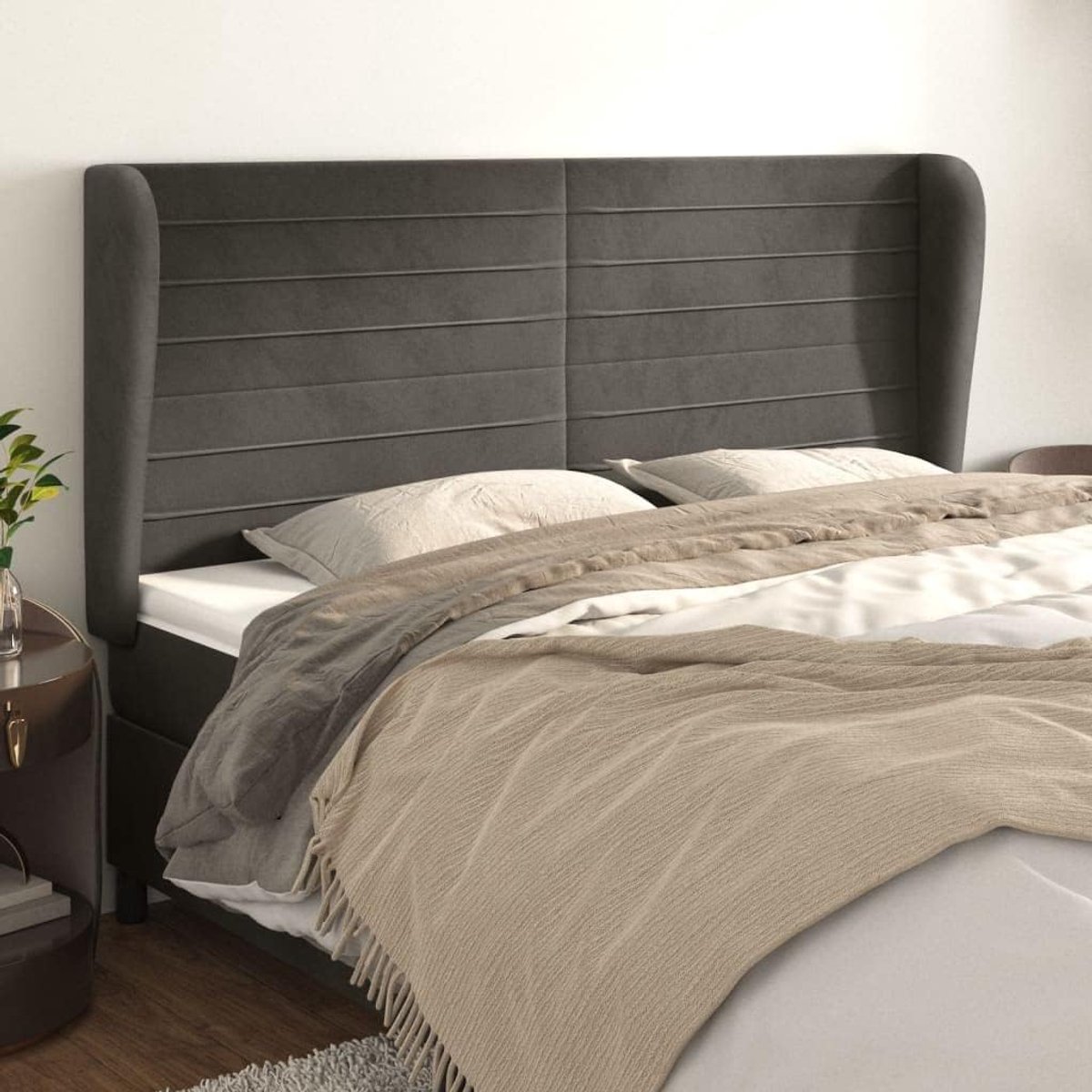 Hoofdbord met oren, donkergrijs, 203 x 23 x 118/128 cm, fluweel, in hoogte verstelbaar, luxe slaapkamer